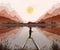 Mountain landscape illustration, with setting sun and mist in valley. Young boy fishing on jetty