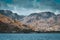 Mountain landscape with a lake, mountains and forest in autumn. Sanabria Lake, Zamora, Spain