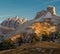 Mountain landscape. Mountain slopes in the Dolomotes illuminated by the first rays of the sun