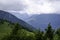 Mountain landscape, mountains, green trees, valley, glaciers. Arkhyz, Karachay-Cherkessia, Russia