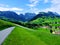 mountain, landscape, mountains, nature, sky, alps, valley, summer, green, grass, road, meadow, blue, village, travel, rural, fores