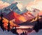 Mountain Landscape Painting with Snow-Capped Peaks and Serene Valley, Made with Generative AI