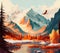 Mountain Landscape Painting with Snow-Capped Peaks and Serene Valley, Made with Generative AI