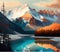 Mountain Landscape Painting with Snow-Capped Peaks and Serene Valley, Made with Generative AI