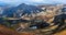 Mountain landscape panorama of Landmannalaugar in midnight light seen from Brennisteinsalda volcano mountain in Highlands of