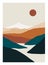 Mountain landscape poster. Minimalist nature background, abstract contemporary hills, sun, moon. Vector wall art for