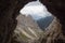 Mountain landscape from rock tunnel, Lagazuoi tunnel, Dolomites, Italian Alps