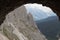 Mountain landscape from rock tunnel, Lagazuoi tunnel, Dolomites, Italian Alps