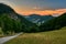 Mountain landscape with rocks at dusk.