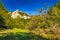 Mountain landscape with rocky peaks on background in summer time