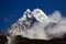 Mountain landscape of rocky and snowy Himalayan peaks.