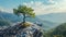 Mountain landscape with scenic tree on rock top in summer, lonely pine on cliff, stunning view. Concept of nature, sky, travel,