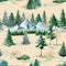 Mountain landscape seamless pattern. Watercolor illustration. Hand drawn realistic wild nature pine, mountain scene