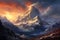 Mountain landscape with snow covered peaks at sunset. 3d render, Stunning painted mountains with a realistic art style, AI