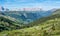 Mountain landscape in summer in Trentino Alto Adige. View from Passo Rolle, Italian Dolomites, Trento, Italy. Mountain road - serp