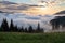 Mountain landscape. Sunrise in the clouds. Dense fog with nice soft light. On the lawn the grass and flowers in dew.