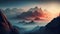 a mountain landscape at sunrise with a low lying fog, creating an ethereal and mystical atmosphere, Generative AI, Illustration