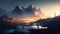 a mountain landscape at sunrise with a low lying fog, creating an ethereal and mystical atmosphere, Generative AI, Illustration