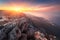 Mountain landscape at sunset. Amazing view from mountain peak. E