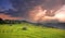 Mountain landscape sunset in the rice field