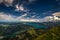 Mountain landscape on the top of the hiking trail to the Schafberg and view of beautiful landscape over the Attersee