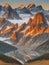 Mountain landscape. Towering peaks, resplendent in warm beige hues