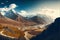 Mountain landscape. Valley with river and snow-capped peaks