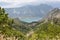 Mountain landscape, view on the Kotor Bay with the yacht with the top of the mountain