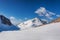 Mountain landscape view in Kyrgyzstan. Rocks, snow and stones in mountain valley view. Mountain panorama