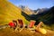 Mountain landscape view with sitting chairs, relaxation concept