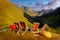 Mountain landscape view with sitting chairs, relaxation concept, Georgia