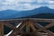 Mountain landscape viewed from a wooden balcony