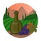 Mountain landscape with vineyards, bottle of wine and bunch of grapes. Vector cartoon round illustration