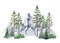 Mountain landscape watercolor illustration. Hand drawn realistic wild nature landscape scene. Green forest, pines, fir