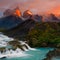 Mountain Landscape Waterfalls Lake at sunset Patagonia