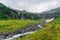 Mountain landscape, waterfalls. Valley of river Achapara, Abkhazia