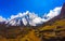 Mountain landscape with white peak. Icy mountain landscape with high peak and valley.