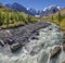 Mountain landscape. Wild river with a rapid flow. Summer greenery along the banks, snow-capped peaks. Wild places of Siberia,