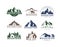 Mountain logo flat vector illustration set of rocky mountain top peaks, camping outdoor adventure expedition, camp life