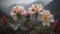 mountain magic, pink flowers atop an enigmatic peak, gentle blur, and misty ambiance. Illustration