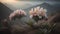 mountain magic, pink flowers atop an enigmatic peak, gentle blur, and misty ambiance. Illustration