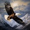 Mountain Majesty - Majestic Lone Eagle Soaring Against Snow-Covered Peaks