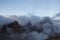 Mountain massif inside dense fog, Dolomites, Italy