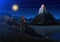 Mountain matterhorn with tourist, Night panoramic view of peaks with waterfall, landscape early in a daylight. travel or