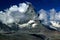 A mountain Matterhorn view partially covered by clouds on a mountain Gornergrat, near Zermatt, in Switzerland