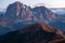 Mountain meadow  in Gardena valley and Seceda peak , background Alpe di Siusi or Seiser Alm in the with Province of Bolzano, South