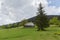 Mountain meadow with wooden herdsman hut in the Carpathian Mountains