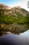 Mountain and moon refection on lake, at sunset