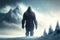 mountain mystical monster bigfoot stands on snowy slope