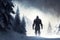 mountain mystical monster bigfoot stands on snowy slope